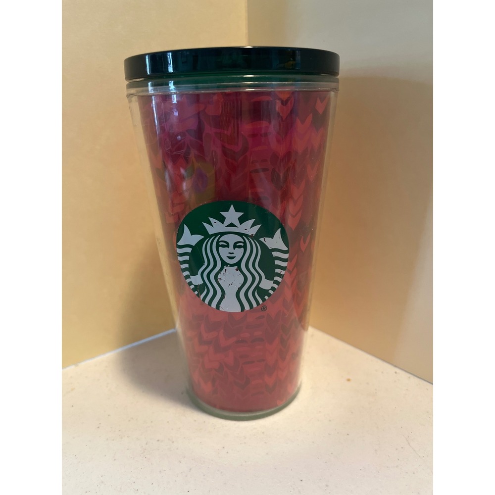 Starbucks 16oz Cold Cup Tumbler Red Pink Chevron Heart Valentine Green Lid